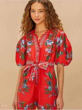 FARM Rio Red Floral Tie-Waist Puff-Sleeve Romper